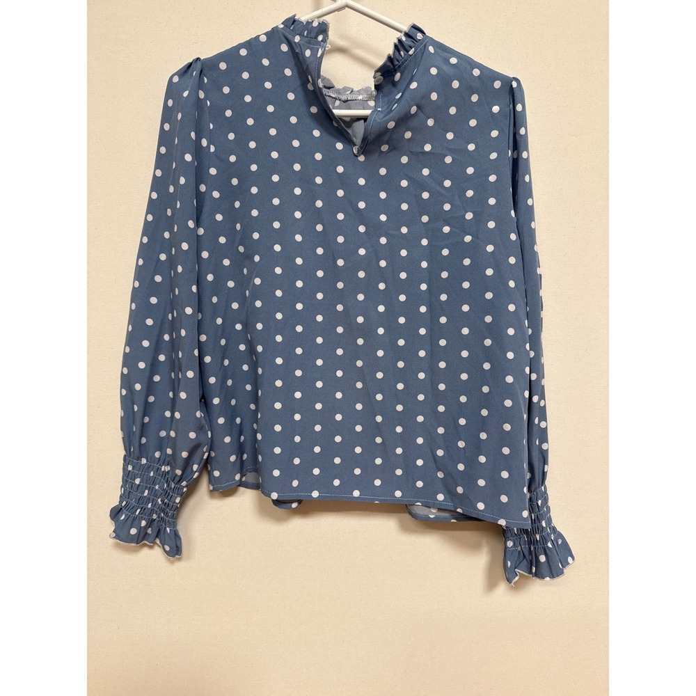 Blue Polka Dot Ruffle Mock Neck Blouse Long Sleeve Smocked Cuffs Medium